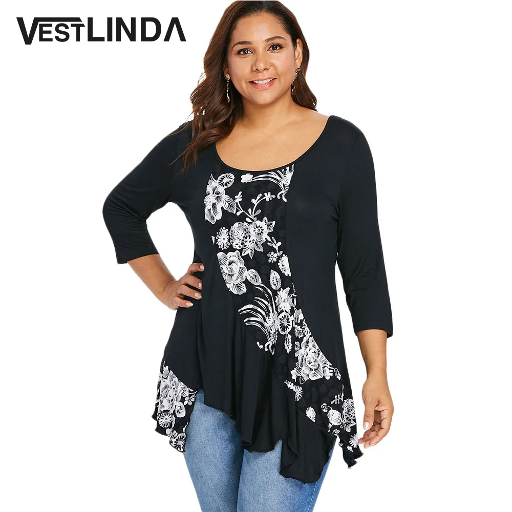 Женская Асимметричная футболка VESTLINDA Повседневная большого размера с цветочным