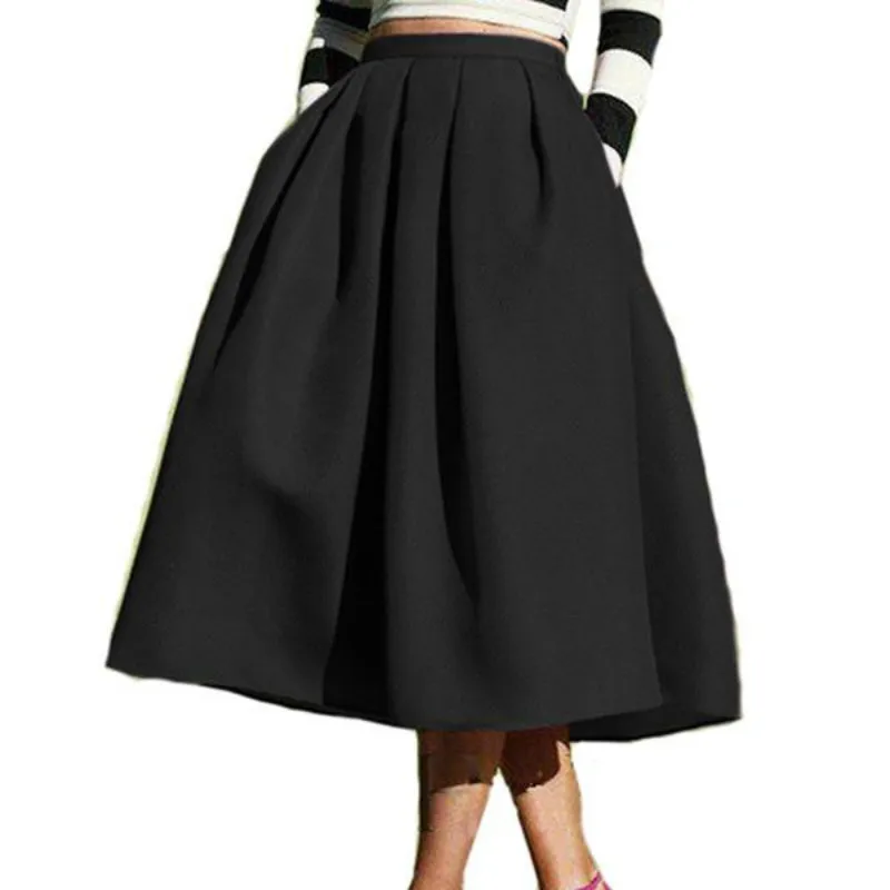 New Female Fashion Street Style Women's Skirt Solid Casual Flare High Waist Pleated Pockets Vintage Skirts