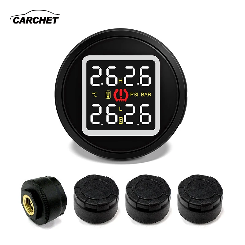

CARCHET 12V Car TPMS Tire Pressure Alarm Monitoring System With USB Charging Port + 4 External Self Replaceable Battery Sensors