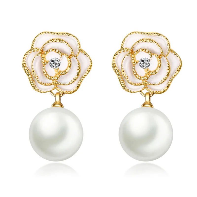 

Trendy Style Camellia Flower Stud Earrings Pearl Earring