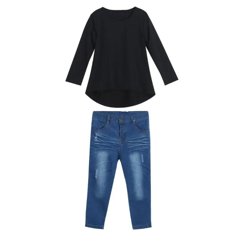 Комплект модной одежды из 2 предметов для девочек, футболка с длинными рукавами, джинсовые штаны