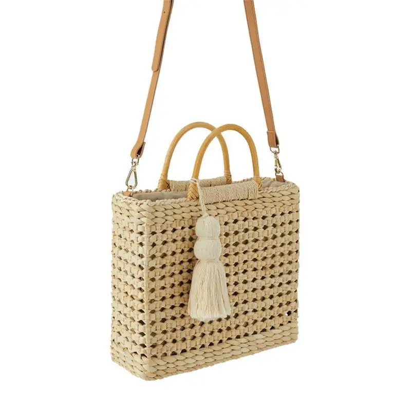 

Wooden Beach Straw Shoulder Bag Tote Handbag Crossbody Drawstring Tassel Square Hand Bags Handmade Woven Handbags For Women Bag