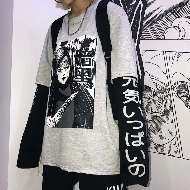  NiceMix Harajuku Sweatshirt Women Patchwork Unisex Pullovers Japanese Anime Print Comics Jumpers Fa