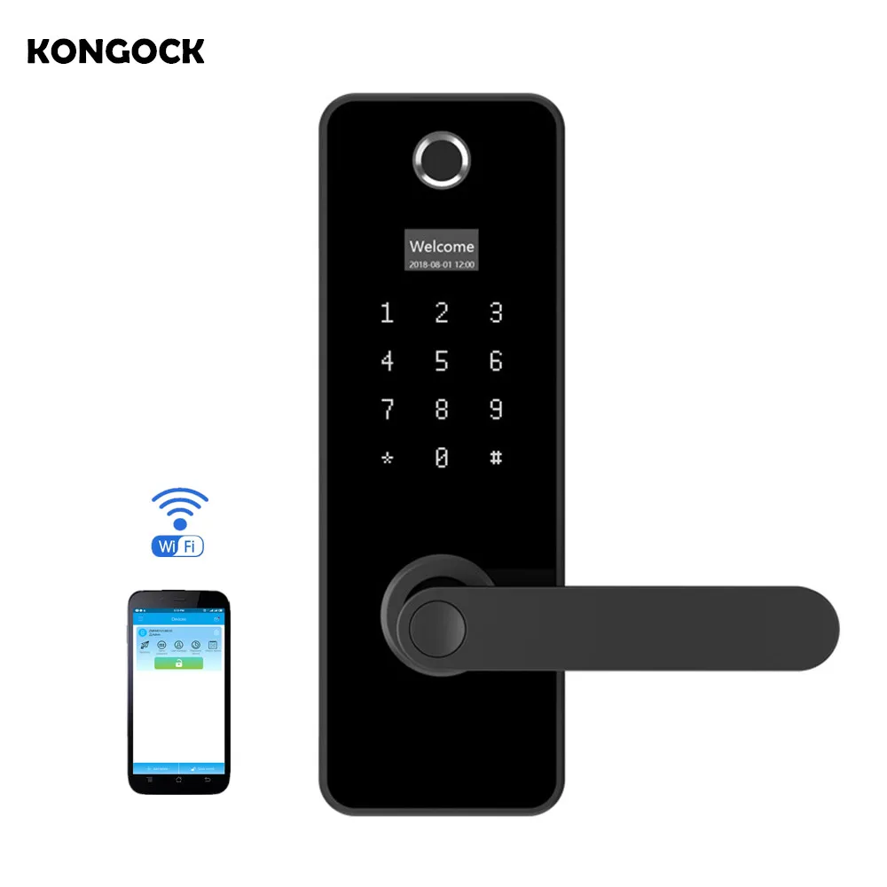

Keyless APP control WIFI Smart door lock, biometric fingerprint PIN code and MIFARE card with Key, for Home Airbnb apartment
