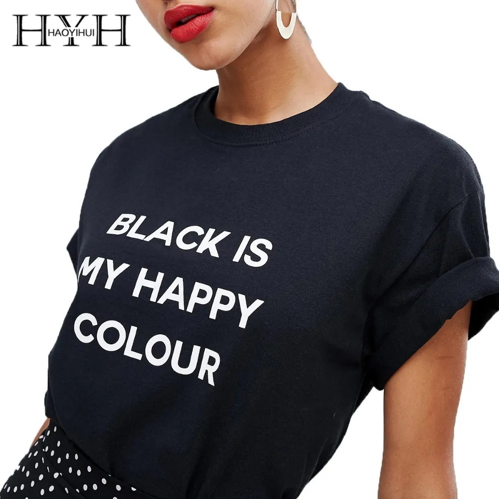 

HYH Haoyihui 2019 Summer New Girl Hot Pure Color Black Short Sleeve Simple Curled Cuffs Chest Print T-shirt