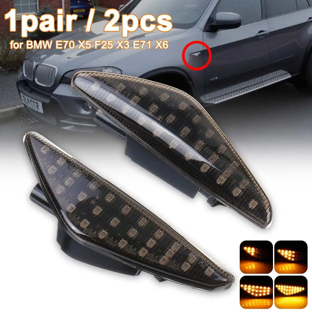 

Smoked / Clear Sequential Dynamic Flowing LED Side Marker Light Turn Signal Light Blinker For BMW E70 X5 F25 X3 E71 X6 2007-2013