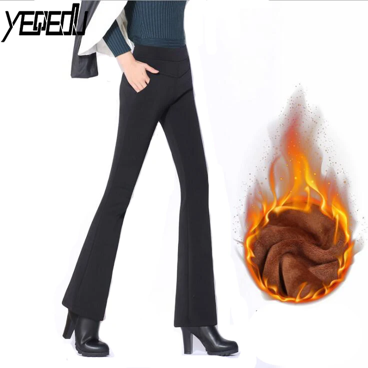 

#1912 Autumn Winter Thick Warm Stretch Flare Pants Women Warm Trousers Skinny Fleece Pants Casual Bell Bottom pants Plus Size