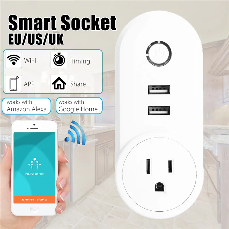 

US UK EU Wall Power Outlet Dual USB Charger Port Smart Wifi APP Socket Smart Home Work with Alexa Google Home Smart Home