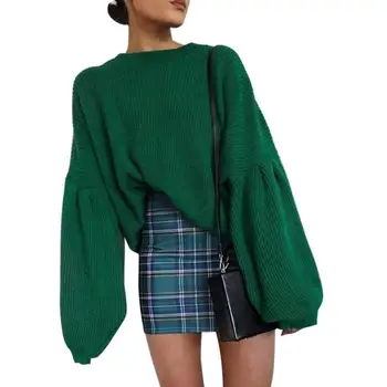 

Women Winter Pullover Oversized Christmas Sweater Lantern Sleeve Round Neck Knitted Casual Solid Color Loose Sweater Tops 2018