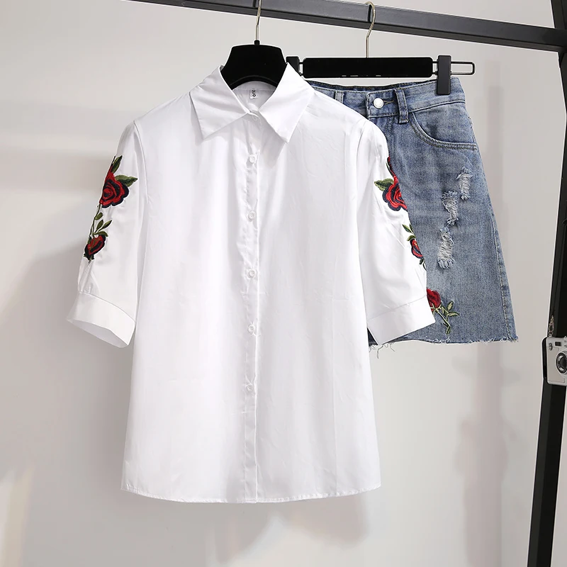 Faldas Mujer Moda 2019 Женская мини юбка с цветочной вышивкой комплект + белые блузки
