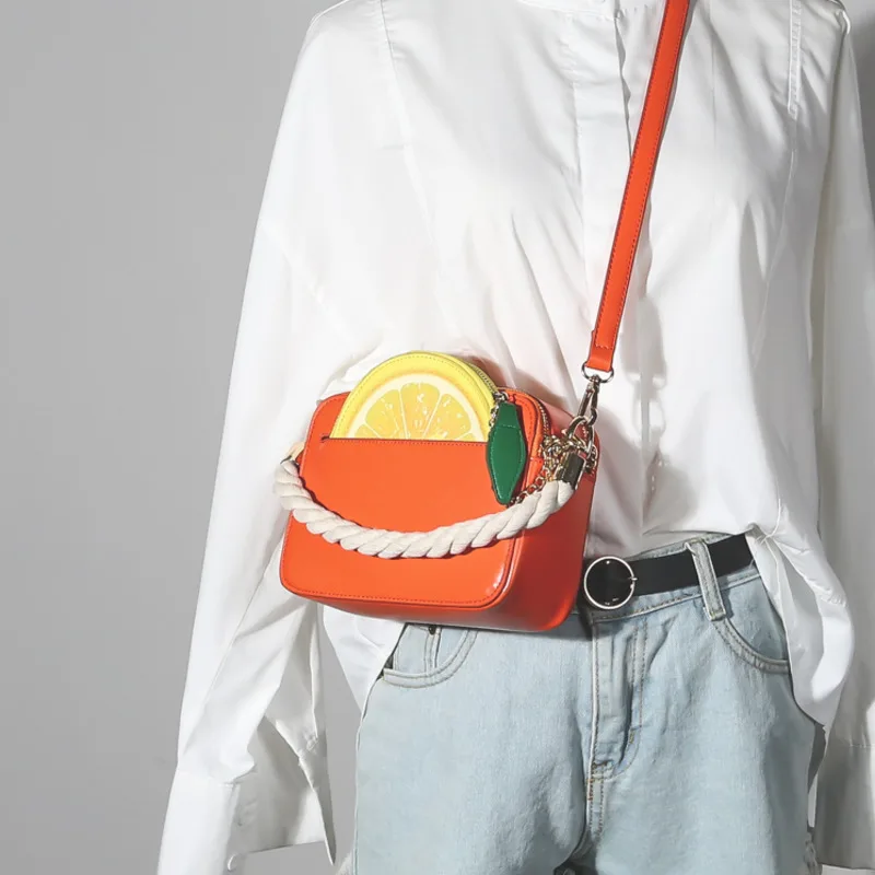 

[Super Seabob] 2019 Spring Summer Woman New Orange Color Single Strap Zipper PU Leather Messenger Bag With Lemon All Match LM207