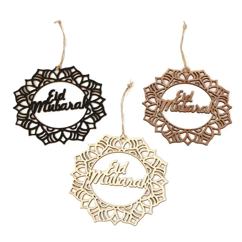 

3PCS Wooden Wreath Eid Al-Fitr Garland Text Pendant Laser Cut Wooden Wreath Eid Mubarak, Eid Decoration Eid Wooden Sign