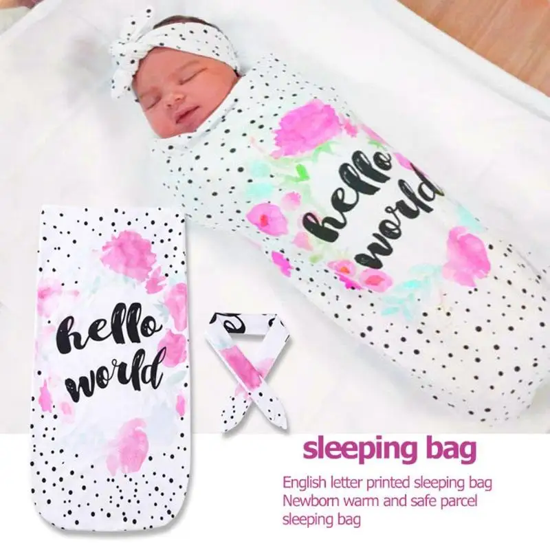 

2pcs Infant Sleeping Infancy Warm Swaddle Sleepsacks Headband Suit Newborn Baby Letters Print Sleeping Bag Headband for Baby