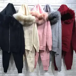 2018 зимние для женщин вязаный комплект одноцветное куртки натуральный мех с капюшоном топы корректирующие и трикотажные брюки пот
