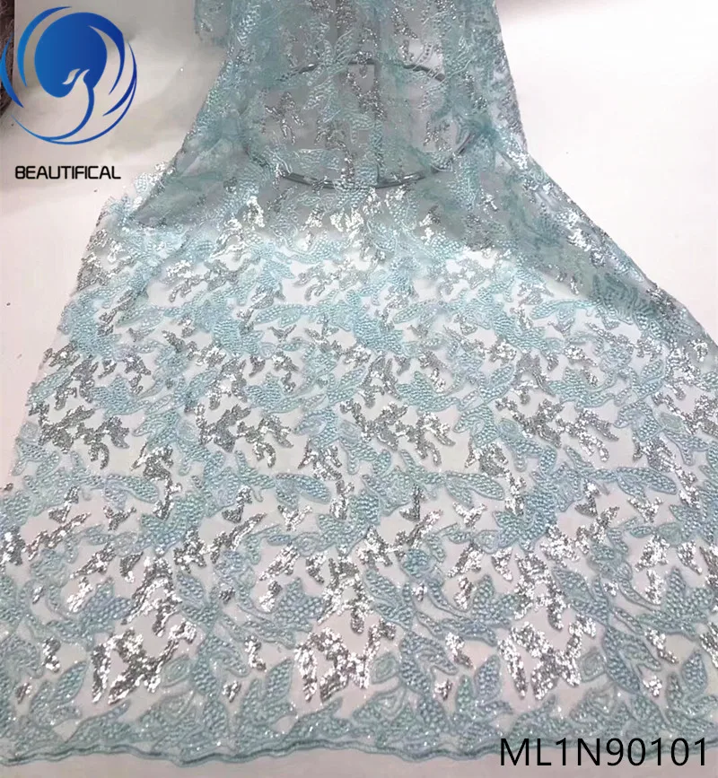 

Beautifical african lace fabrics for dresses Latest style net lace embroidery french lace with sequins fabric 5yards ML1N901