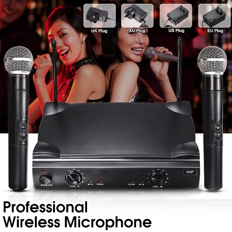 

Dual VHF Professional Handheld Wireless Microphone Mic System with Receiver For Studio Home Kareoke KTV Party Supplies Speakers