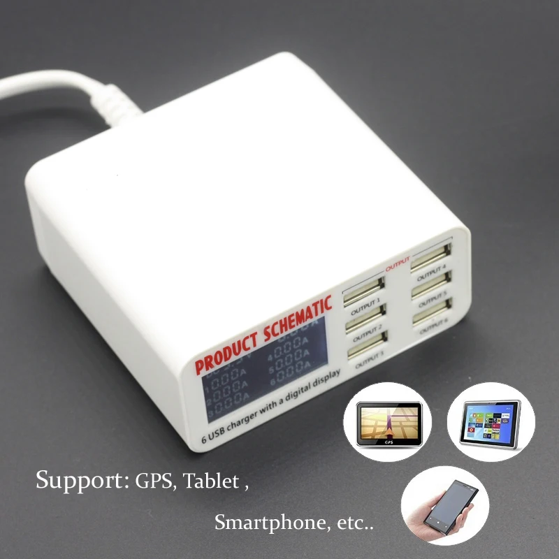 6A с ЖК-дисплей цифровой Дисплей 6 Порты и разъёмы USB Зарядное устройство для быстрой зарядки с зарядная станция Смарт адаптер для смарт-телеф...