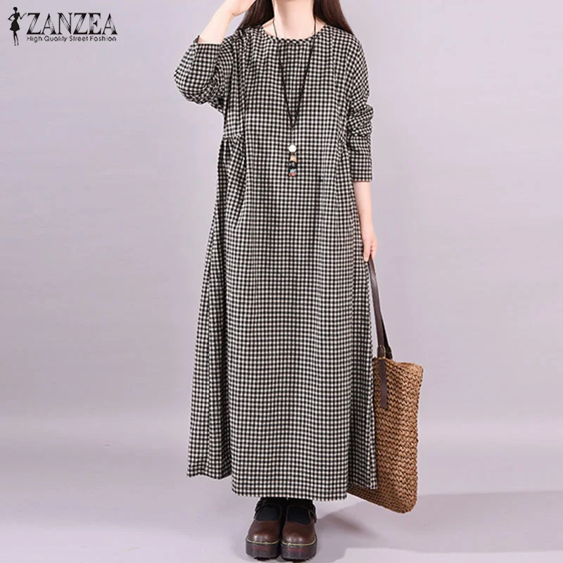 

ZANZEA 2019 Vintage Check Plaid Dress Women Pleated Maxi Dress Female Casual Long Sleeve Party Vestido Lady Patchwork Robe 5XL