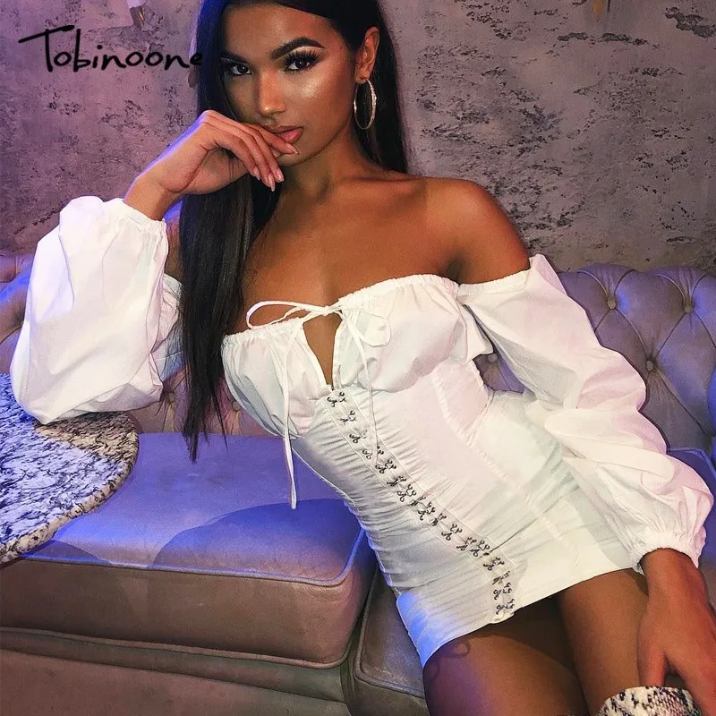 

Tobinoone Sexy spring white button blouse dress Women long sleeve elegant short dress Female casual party bow dress vestidos new