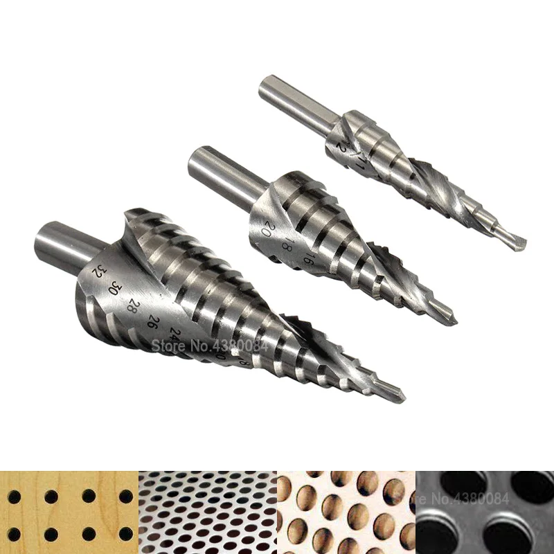 

HSS 6542/M2 Triangle Shank Spiral Groove Broca Metal Step Cone Drill Steel Core Saw Cutter Hand Tool 4-12MM 4-20MM 4-32MM