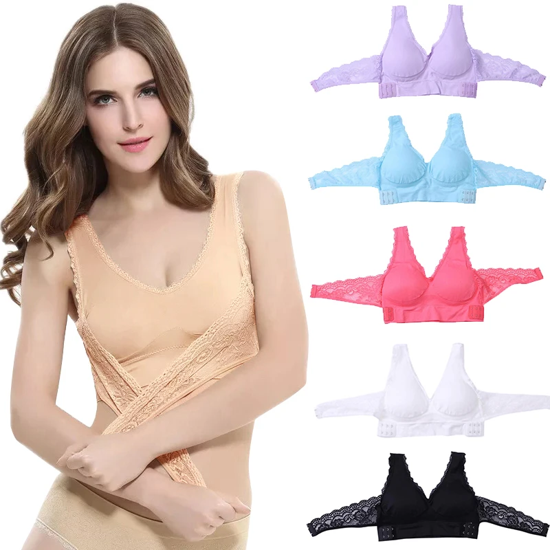 

Sexy Solid Push up Bra Crisscross Front Side Fastening Back U Shape White Lace Wireless Thin Padded Soft Sports Brassiere