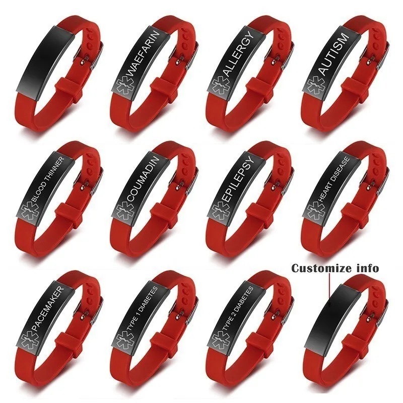 Personalize Waterproof Soft Silicone Sports Medical Alert ID Bracelets for Women Men Bangle Adjustable Watch Band Design