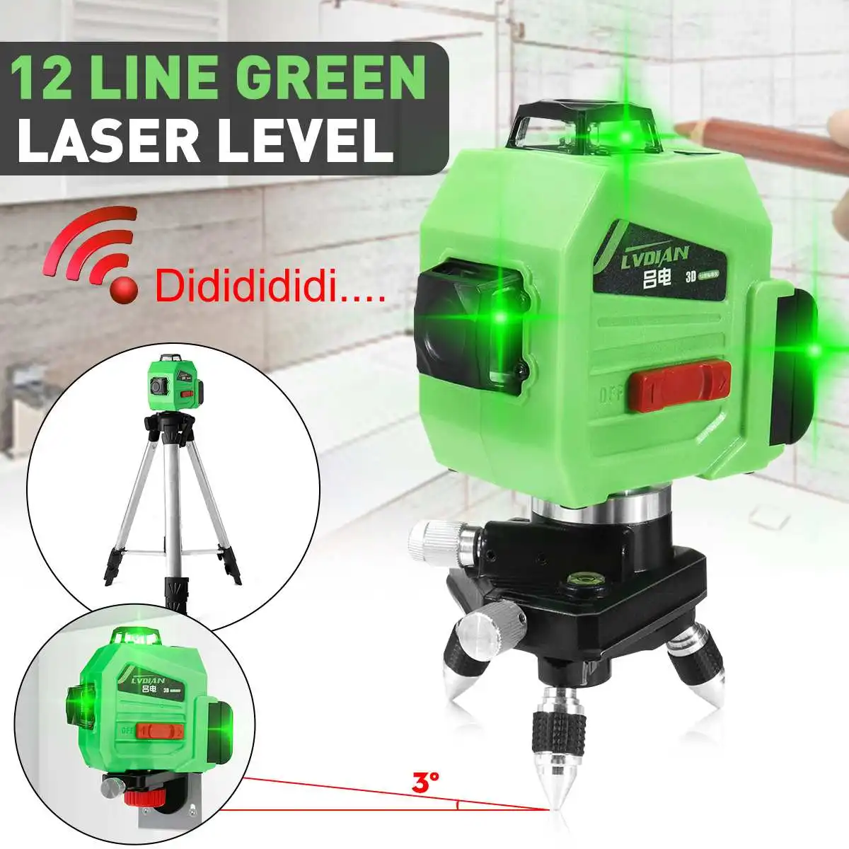 

12 Lines Laser Level Green Self-Leveling 3D 360 Rotary Cross Measuring Tools Wavelength 532nm IP-54 Flexibility Stability