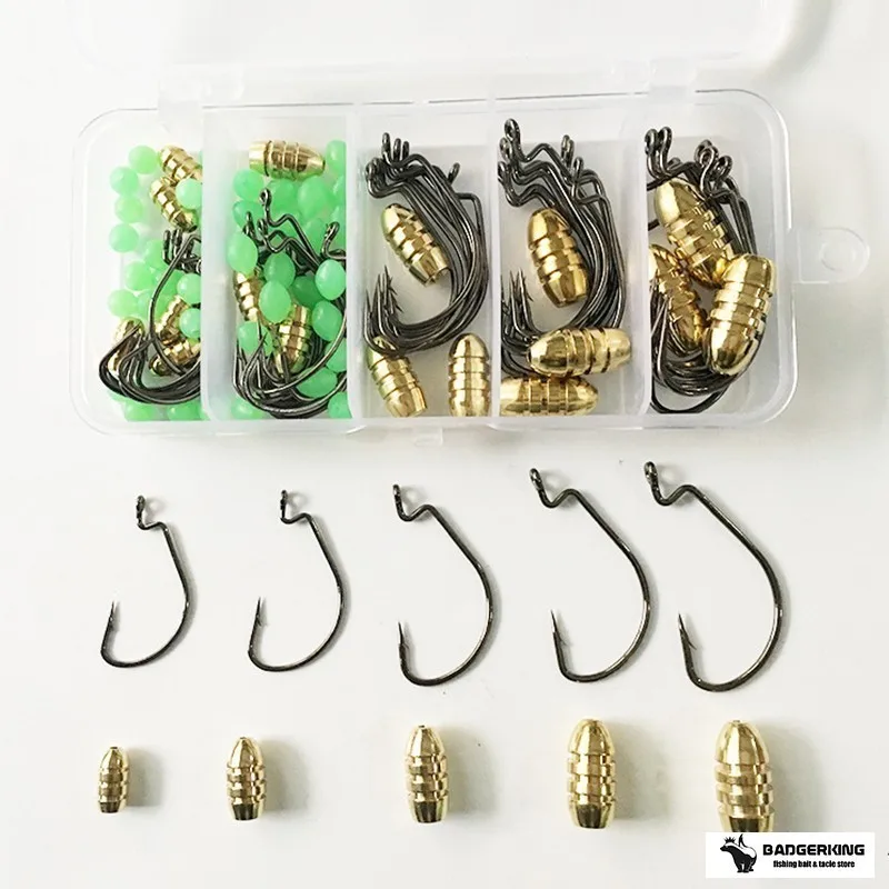 Carolina rig fishing hook tackle box set with texas offset fishhooks copper bullet sinker weight luminous beads for fishing Carolina rig fishing hook tackle box set with texas offset fishhooks copper bullet sinker weight luminous beads for fishing