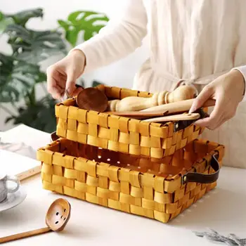 

Handmade Woven Rectangular Basket PU Handle Wooden Primary Color Large Capacity Storage Basket Fruit Sundries Storage Basket