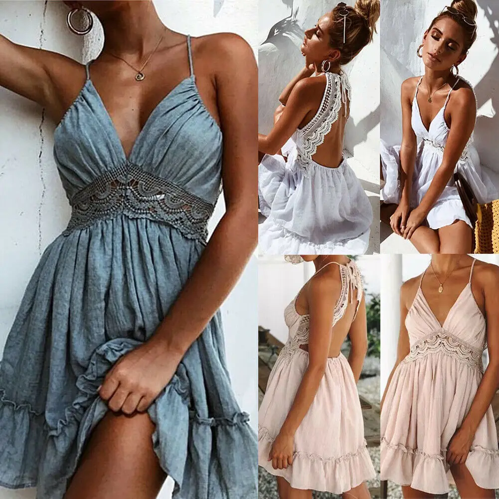 

Ladies Evening Party Sexy Sleeveless V-Neck Backless Sundress Women Summer Boho Beach Lace Mini Dress
