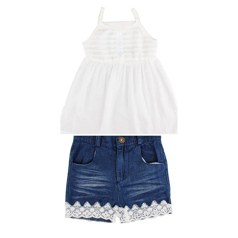 

Lovely Children Girls Clothes Fashion Girls Clothing Set Sleeveless T Shirt Tops Denim Shorts Pants Kids Clothing Sets Outfits