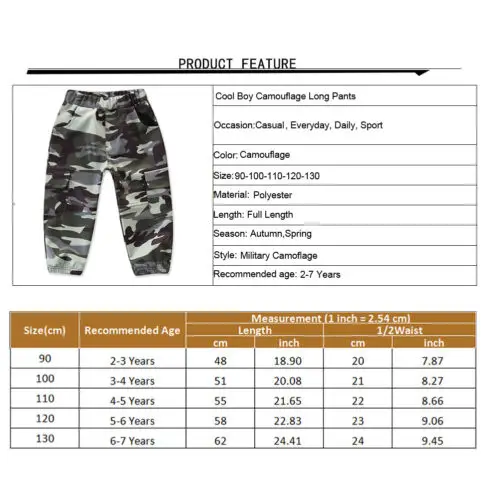 Spring Autumn Cool Toddler Baby Boys Army Camouflage Trousers Hip hop Long Pants Age 2-7 Years