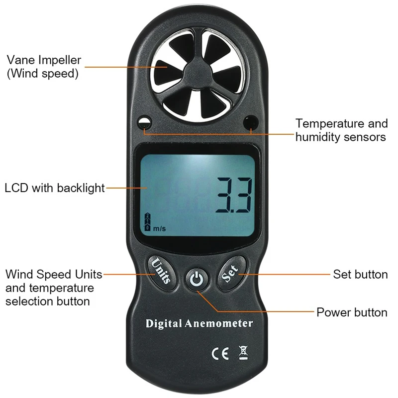 

3 in 1 Handheld Digital Anemometer Wind Speed Meter Thermometer Hygrometer Temperature & Humidity Tester with LCD Backlight