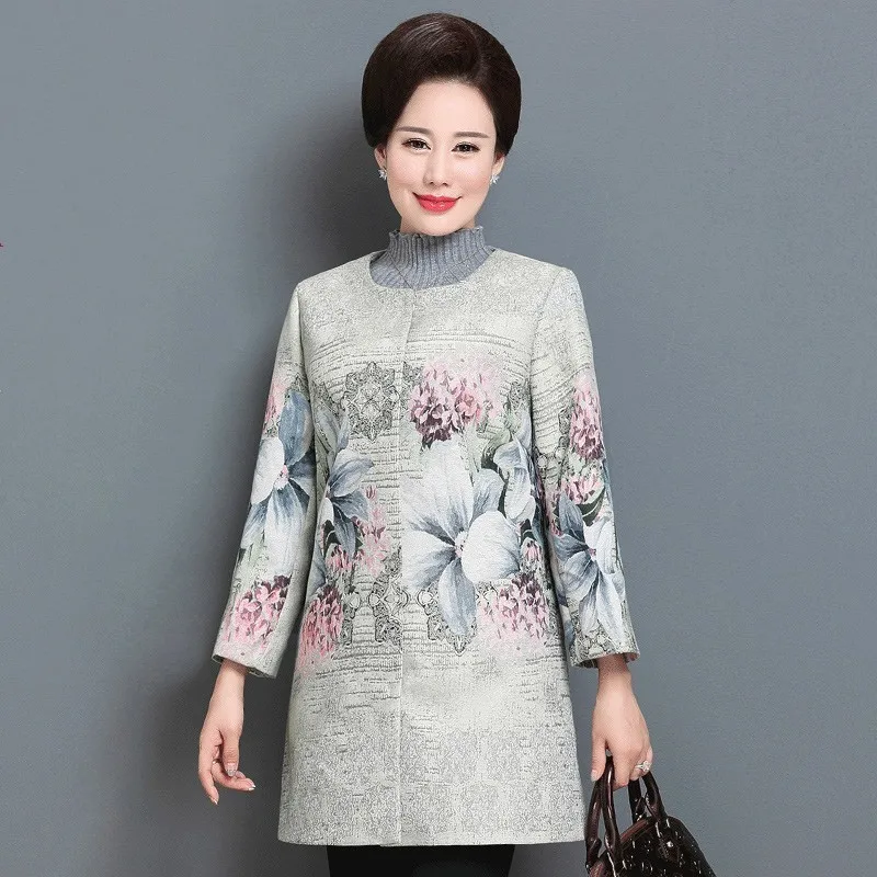 

Spring Autumn Middle Aged Women O-neck Long Sleeve Jacket Vintage Floral Printed Jackets Coat Female Outwear Tops Plus Size