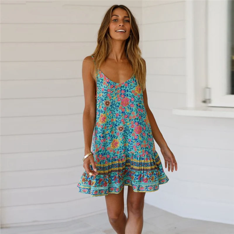

Women Dress New 2019 Summer Sleeveless Loose Short Dress Floral Print Casual Woman Chiffon Dresses Boho Beach Dresses Vestidos