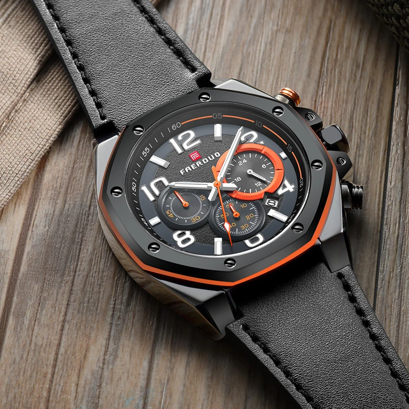 

FAERDUO Sport Watch Military Black Watch Men Genuine Leather Octagonal Dial Top Luxury Brand Chronograph Watches For Men Date
