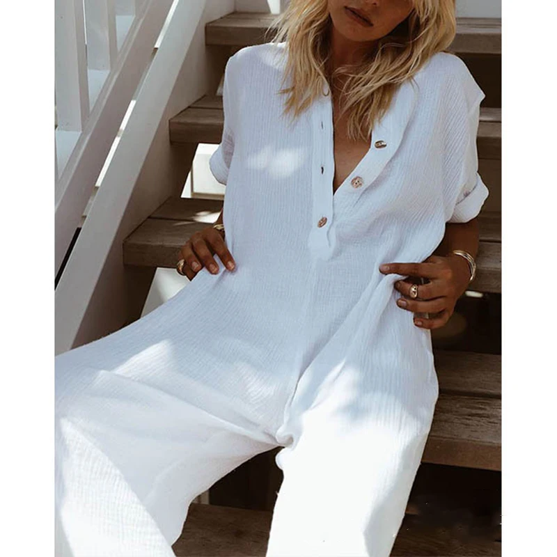 

Women's Loose Jumpsuit Long Trousers Baggy Button Collar Beach Summer Party Plus Size Overalls Bodysuit Casual Cotton Linen