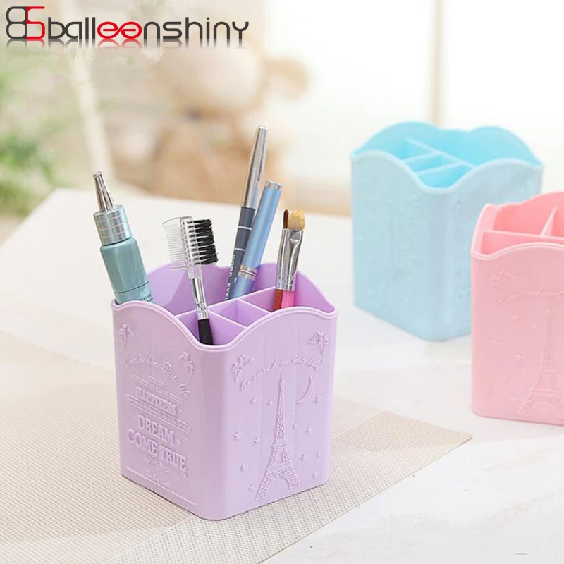 

BalleenShiny PP 4 Grids Storage Basket Makeup Stationery Pen Brush Pot Office Room Desk Gadgets Organizer Engraved Colorful Box