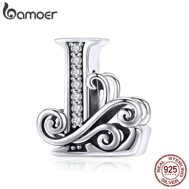 BAMOER 2019 NEW 925 Sterling Silver Vintage A to Z Clear CZ 26 Letter Alphabe Bead Charms Fit Bracelets DIY Jewelry BSC030