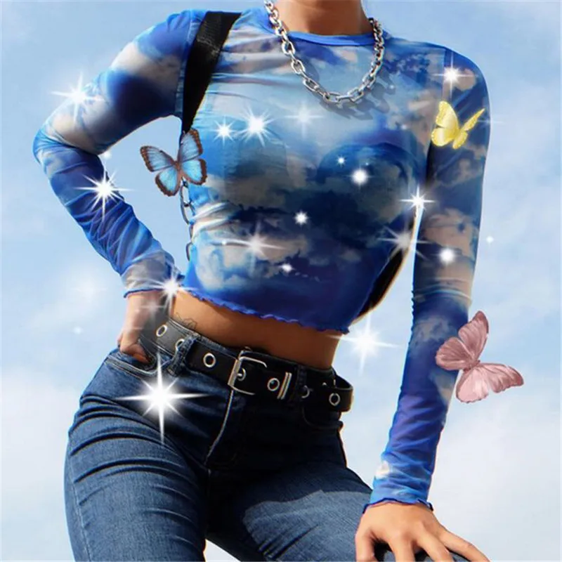 Hirigin Женская Повседневная футболка с длинным рукавом и круглым вырезом, прозрачный сетчатый топ, футболка, топы