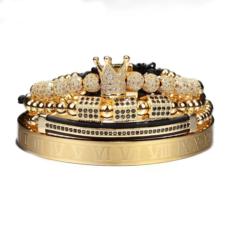Classical Handmade Braiding Bracelet Gold Hip Hop Men Pave Zircon Crown Jewelry 