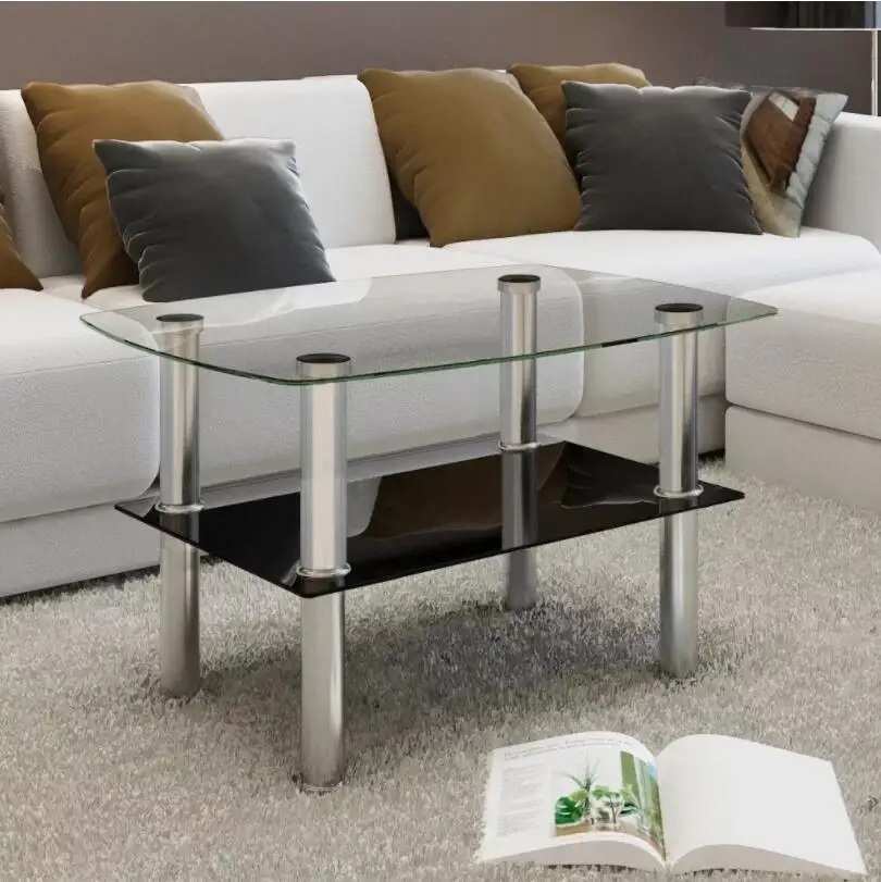 VidaXL Coffee Table With 2 Shelves Glass Tempered Glass Café Tables Suitable For Cafe, Bar, Hotel Office Living Room Furniture