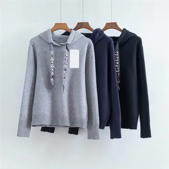 

2019 Spring Women's Hoodie Sweatshirts Splice Beaded Hooded Sweatshirt Casual Solid Color Hoodies