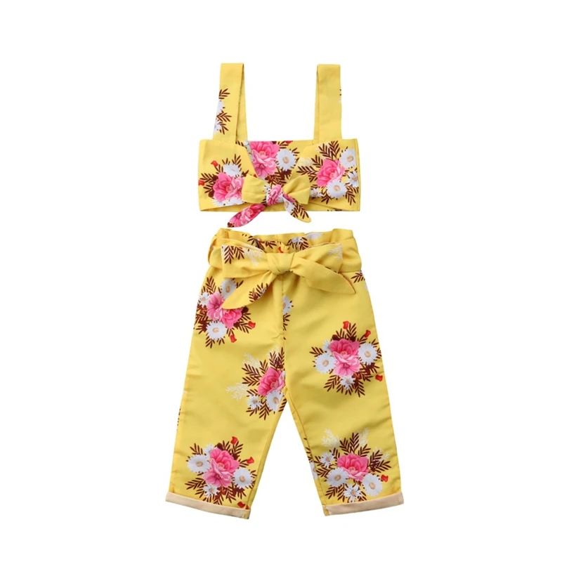 

2Pcs Yellow Lovely Outfit Clothes Baby Girl Toddler Floral Printed Strap Shirts Top Bow Tie Pants Street Style Set