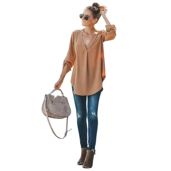 

Women Autumn Fashion Long Sleeve V-Neck Irregular Blouse Loose Casual Plus Size Shirt Chiffon Top Female New