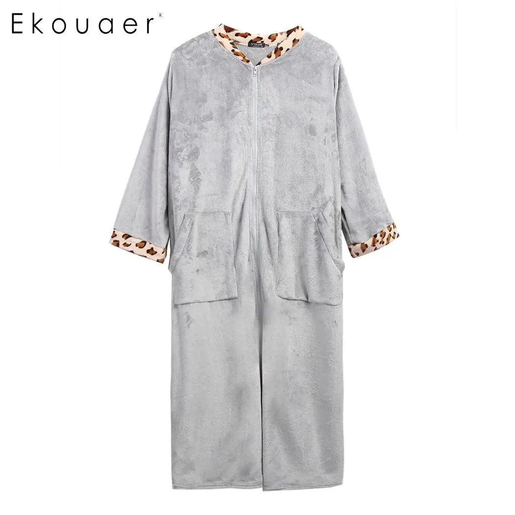 

Ekouaer Plus Size Robes Winter Sleepwear Bath Robes Leopard V-Neck Nightwear Women Zipper Long Sleeve Robe Sleep Dressing Gown