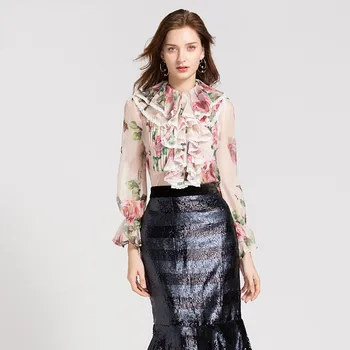 

2019 Summer Sexy See Through Women Floral Blouses Shirt Designer Ruffles Long Sleeve Ladies Blouse Tops Clothes
