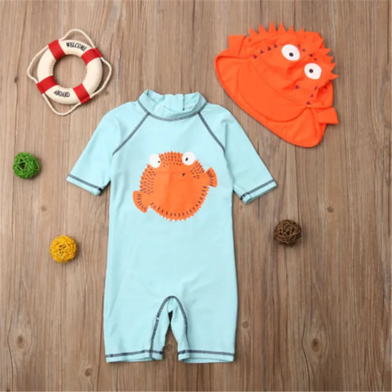 

1-6T Kid Baby Boys Girls Cute Surfing Wetsuit Rash Guard Swimsuit Swimwear One Piece Suit Swimming Cap UPF 50+