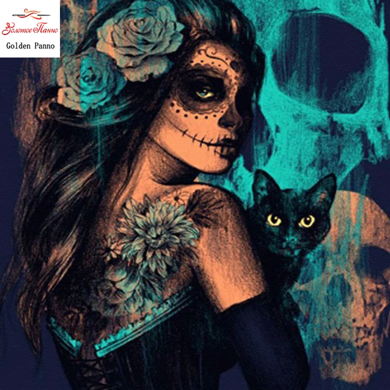Golden Panno 5DDIY Diamond Embroidered Cross Stitch &quotSkull Cat Women&quot Rhinestone Square Paintings Furniture Decoration | Дом и сад