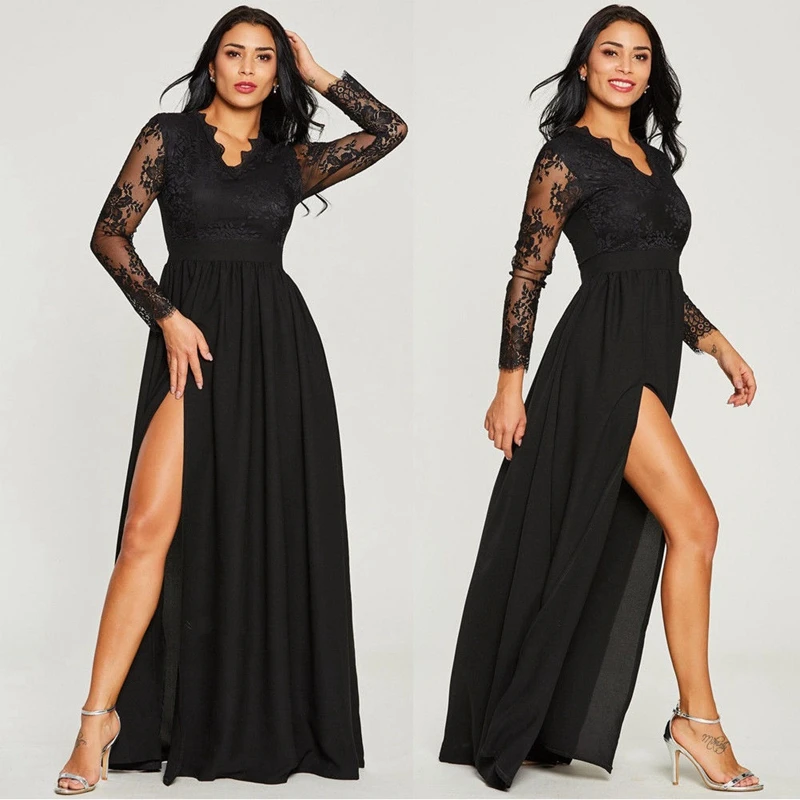Women Vintage Hollow Out Maxi Dress Ladies Long Sleeve Floral Lace Prom Gown Party Evening High Split Retro | Женская одежда